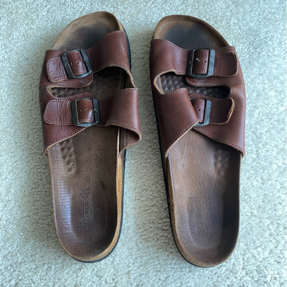 Lands’ end leather buckle slides slide sandals shoes size 11